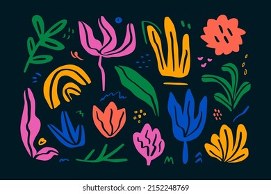 Colección de elementos modernos de diseño orgánico, formas abstractas de corte y formas. Diferentes hojas, flores, arbustos, florales de doodle. Ilustración vectorial. 