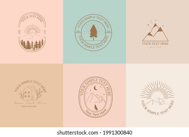 Collection of Modern, Outdoorsy, Earthy linear logos, symbols, icons design template with nature, tree, plant, animals, archetecture elements. Editable vector logotype.