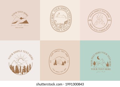 Collection of Modern, Outdoorsy, Earthy linear logos, symbols, icons design template with nature, tree, plant, animals, archetecture elements. Editable vector logotype.