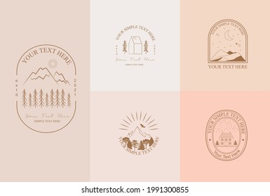 Collection of Modern, Outdoorsy, Earthy linear logos, symbols, icons design template with nature, tree, plant, animals, archetecture elements. Editable vector logotype.