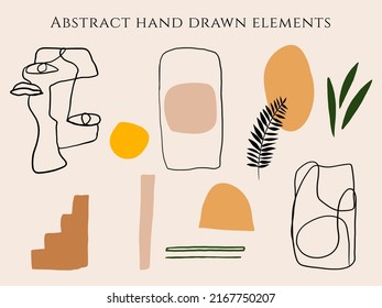 Collection with Modern Outline  Face, Eyes, Plant, Abstract Shapes .  Beautiful Abstract Composition for t-shirt design, poster, print, wall art, flyer, marketing, social media, banner, logo. Vector