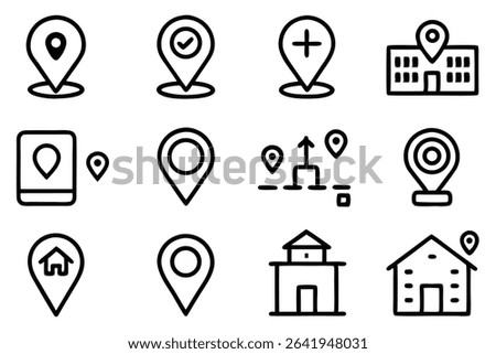 Collection of modern outline style location pin icons depicting navigation and geographic positioning concepts.