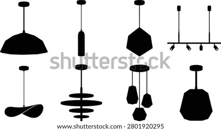 Collection of modern pendant lamps and ceiling lighting fixtures in silhouette style, featuring geometric, decorative, and multi-light designs. Ideal for interior design projects, lighting catalogs, architectural presentations, and home decor concepts.