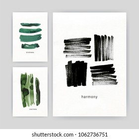 Collection of modern poster or flyer templates with abstract green and black brush strokes, watercolor paint traces or smears on white background. Elegant vector illustration in minimalistic style.