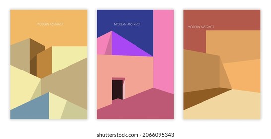 Collection of modern posters with buildings. Art with abstract architecture of geometric shapes. Space for text. Design elements for websites. Cartoon flat vector set isolated on white background