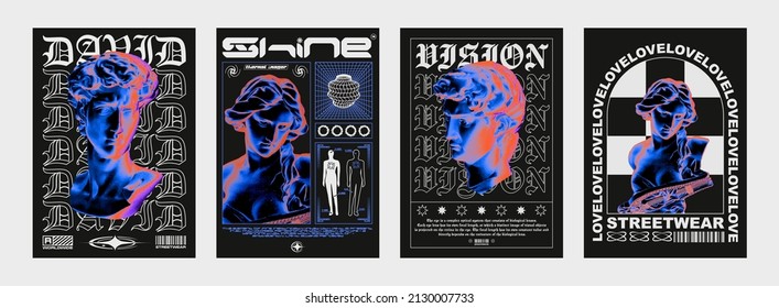 Collection of modern posters with heads of statues with effect of a thermal imager. In Techno style, stylish print for streetwear, print for t-shirts and hoodies, isolated on black background
