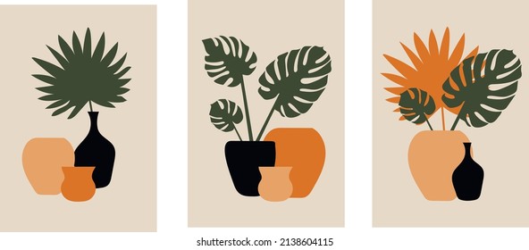 
Collection of modern posters with plants (palm and monstera leaves) with colored vases and pots on a beige background