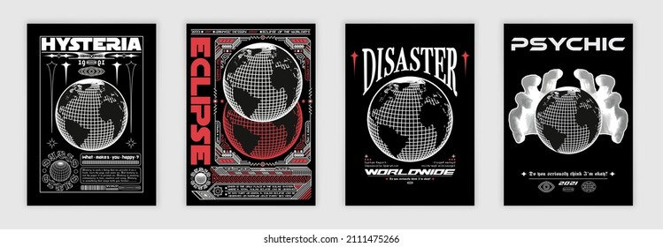 Collection of modern posters with sphere of planet earth. In Techno style, stylish print for streetwear, print for t-shirts and hoodies, isolated on black background