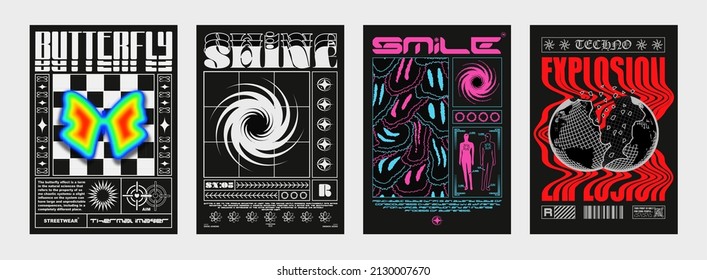 Collection of modern posters. In Techno style, stylish print for streetwear, print for t-shirts and hoodies, isolated on black background