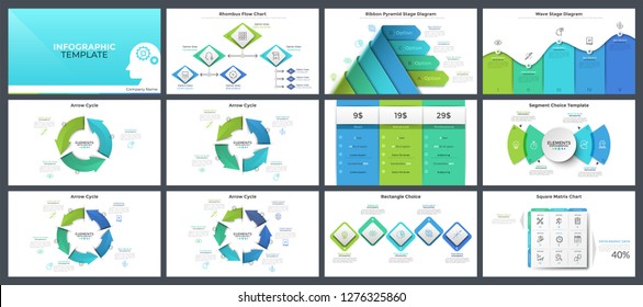 Collection of modern presentation templates, page or slide layout design with infographic elements for corporate analysis, business report, brochure. Vector illustration in realistic and flat style.