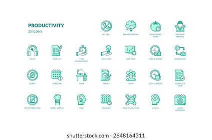 Coleção de ícones modernos de produtividade em estilo gradiente mostrando gerenciamento de tarefas tempo rastreando trabalho em equipe brainstorming agendamento para uso comercial e de escritório