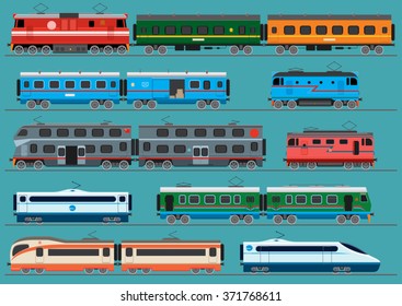 Collection of modern railway locomotives, passengers wagons and speed trains. Unique design. Vector illustration.