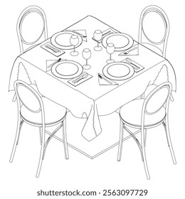 Collection of Modern Restaurant Chairs and Table Set with Detailed Line Art on White Background. Vector Illustration.