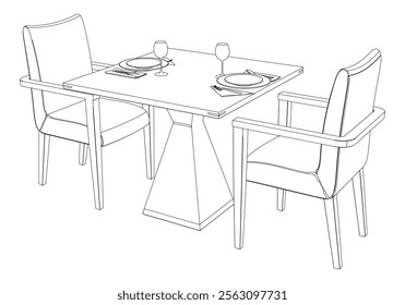 Collection of Modern Restaurant Chairs and Table Set with Detailed Line Art on White Background. Vector Illustration.