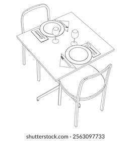 Collection of Modern Restaurant Chairs and Table Set with Detailed Line Art on White Background. Vector Illustration.