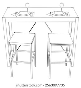 Collection of Modern Restaurant Chairs and Table Set with Detailed Line Art on White Background. Vector Illustration.