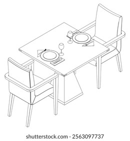 Collection of Modern Restaurant Chairs and Table Set with Detailed Line Art on White Background. Vector Illustration.