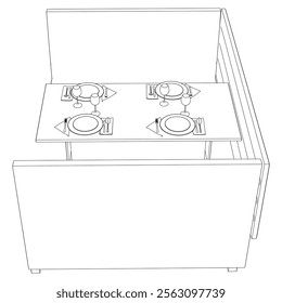 Collection of Modern Restaurant Chairs and Table Set with Detailed Line Art on White Background. Vector Illustration.