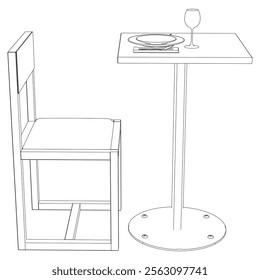 Collection of Modern Restaurant Chairs and Table Set with Detailed Line Art on White Background. Vector Illustration.