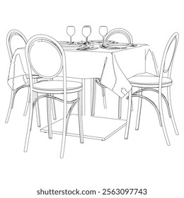 Collection of Modern Restaurant Chairs and Table Set with Detailed Line Art on White Background. Vector Illustration.