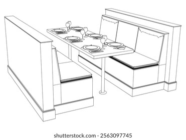 Collection of Modern Restaurant Chairs and Table Set with Detailed Line Art on White Background. Vector Illustration.