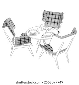 Collection of Modern Restaurant Chairs and Table Set with Detailed Line Art on White Background. Vector Illustration.