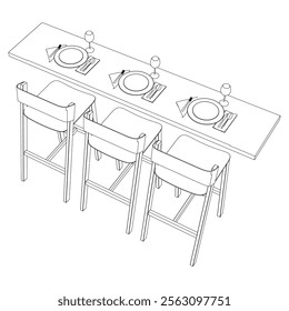 Collection of Modern Restaurant Chairs and Table Set with Detailed Line Art on White Background. Vector Illustration.