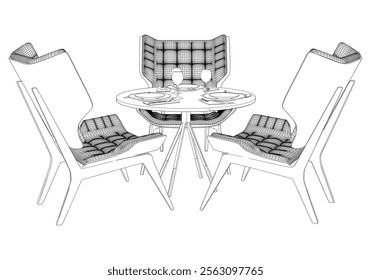 Collection of Modern Restaurant Chairs and Table Set with Detailed Line Art on White Background. Vector Illustration.