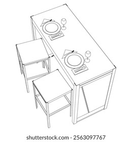 Collection of Modern Restaurant Chairs and Table Set with Detailed Line Art on White Background. Vector Illustration.