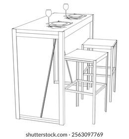 Collection of Modern Restaurant Chairs and Table Set with Detailed Line Art on White Background. Vector Illustration.