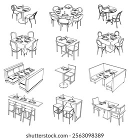 Collection of Modern Restaurant Chairs and Table Set with Detailed Line Art on White Background. Vector Illustration. Outline illustration for coloring book, interior projects, designers.