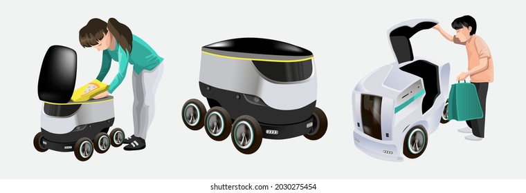 Collection with modern robots delivery methods. Robots with boxes and fast delivery of goods in the city. Technological shipment innovation concept. Modern isometric vector illustration. Isolated
