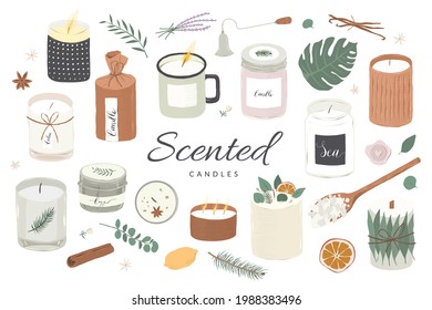 Collection of modern scented candles made of soy and coconut wax, essential oils, various craft design handmade candles in glass jar, tin. Home aromatherapy, hygge home decoration, vector illustration
