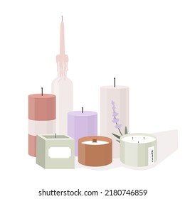 Collection of modern scented candles made of soy and coconut wax, various craft designs handmade candles in glass jars, tools. Home aromatherapy, hygge home decoration set, vector illustration