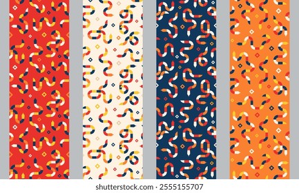 Collection of modern seamless patterns with geometric rectangle shapes in form of a coiled snake in yellow, blue, red, orange, white colors. Minimalist trendy wallpaper with serpents in Bauhaus style