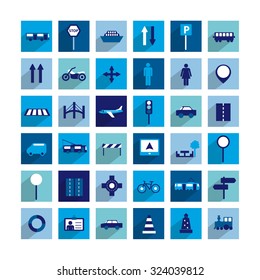 Collection of modern shadow flat icon. Traffic and transport sign.