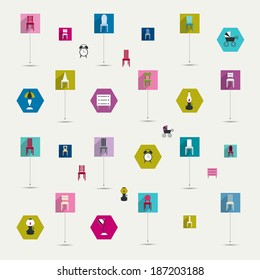 Collection of modern shadows chair and furniture flat icon. Vector illustration.