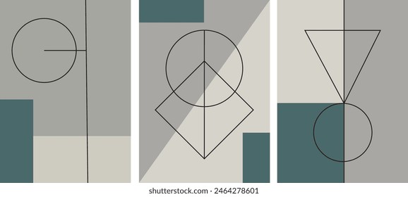 Eine Kollektion moderner, schlichter abstrakter Illustrationen in Erdtönen. Lineare geometrische Formen auf Hintergrund