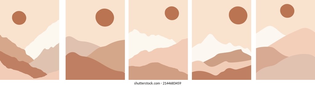 Collection of modern simple abstract landscapes in boho style: mountains and sun on a beige background