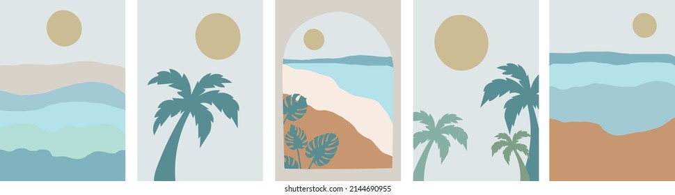 
Collection of modern simple abstract landscapes in boho style: seashore, monstera leaves, palm trees, sun and ocean on background