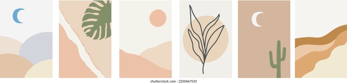 Collection of modern simple abstract landscapes in boho style: sun and moon, mountains and hills, cactus, monstera leaf and plant silhouette on a colored background