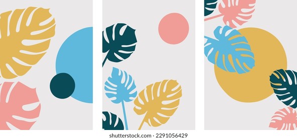 collection of modern simple abstract posters with colorful monstera leaves and circles on background