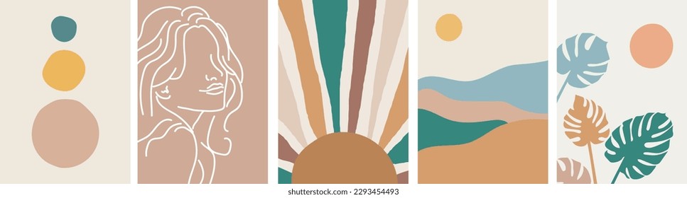 collection of modern simple abstract posters: landscape, linear portrait of a woman, monstera leaves and geometric shapes on a colored background