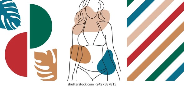 colección de carteles abstractos simples modernos: silueta lineal de una niña, formas geométricas de colores, hojas de monstruos y rayas sobre un fondo blanco