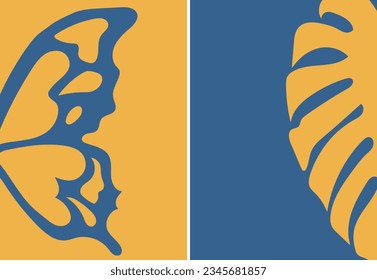 colección de afiches abstractos modernos y sencillos de estilo minimalista: ala de mariposa y hoja de monstera sobre fondo azul y naranja