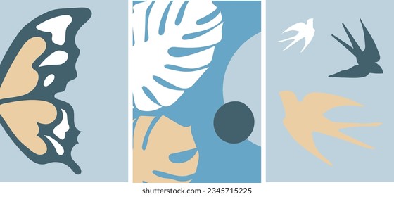 collection of modern simple abstraction posters in a minimalistic style: geometric shapes (circles), monstera leaves, butterfly wing and flying swallows on a blue background