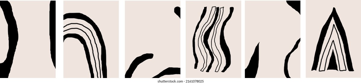 Collection of modern simple abstractions: black lines and geometric shapes on a colored background (drawn by hand)