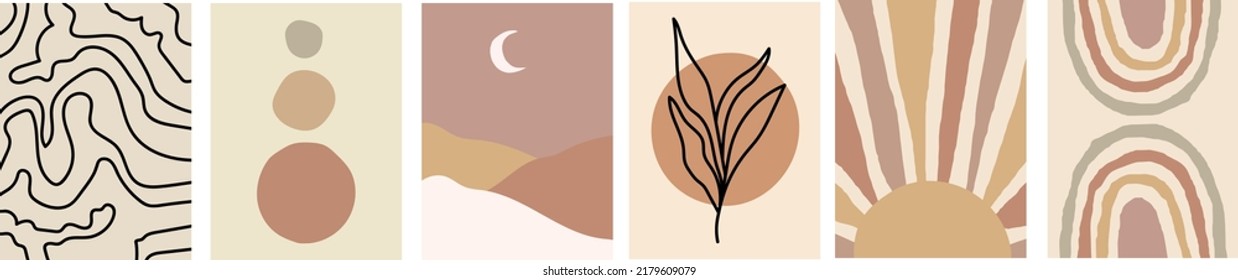 Collection of modern simple abstractions in boho style: landscape with moon, sun, silhouettes of plants with geometric shapes (circles) on a colored background
