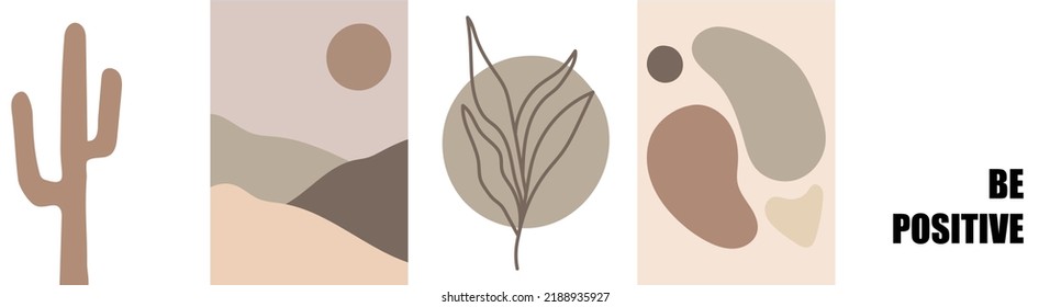 Sammlung moderner einfacher Abstraktionen im Boho-Stil: Landschaft (Sonne und Hügel), Kakteen, geometrische Formen, Pflanzensilhouette und Text auf Farbhintergrund positiv sein