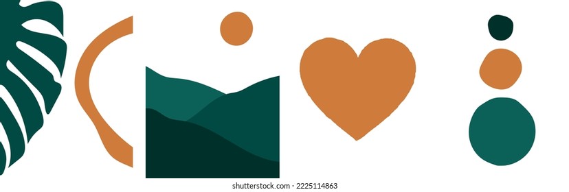 Colección de abstracciones simples y modernas al estilo boho: hoja de monastera, formas geométricas (círculos), corazón y paisaje (montañas y sol) sobre fondo blanco